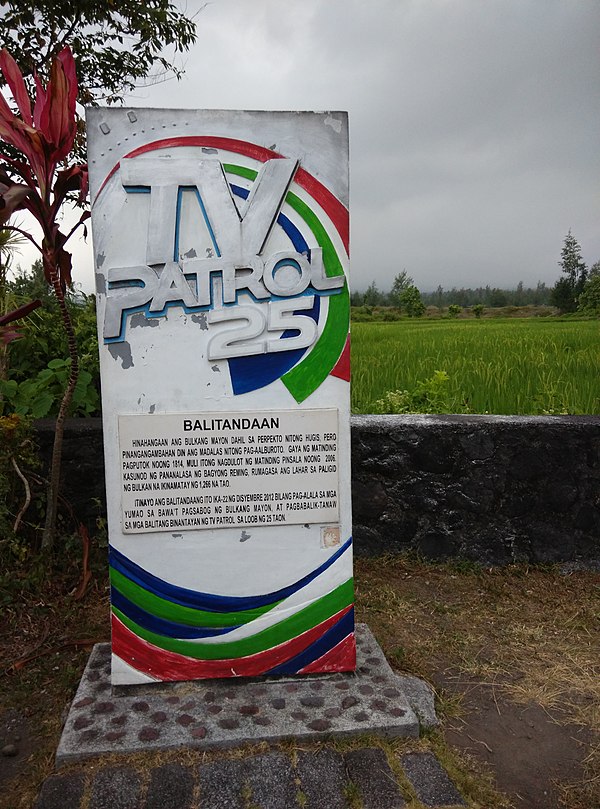 A Balitandaan marker at Cagsawa, Albay. A portmanteau of balita (news) and tandaan (marker), Balitandaan markers were unveiled to commemorate TV Patro