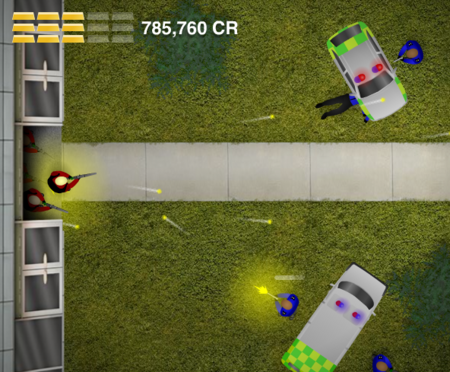 An example of a typical top-down, third-person view game, The Heist 2