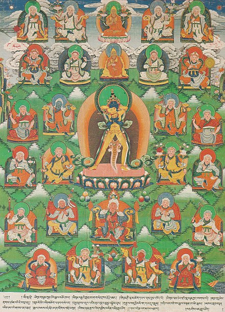 The central figure is a Yidam, a meditation deity. The 25 seated figures represent the 25 Kings Of Shambhala. The middle figure in the top row represents Tsongkhapa, who is in the top two middle rows. This comes from the scriptures that is part of the Indo-Tibetan Vajrayana Buddhist Tradition.