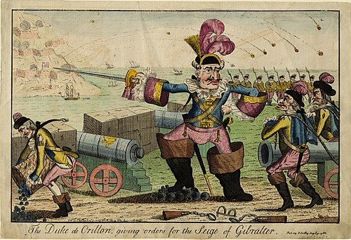 A British caricature of the siege: The Duke de Crillon Giving Orders for the Siege of Gibraltar