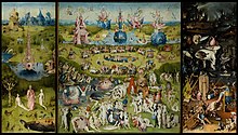 Lysternes have af Hieronymus Bosch, ml. 1480 og 1505. Olie på træpanel, 220x390 cm. Museo del Prado, Madrid - Venstre panel Adam og Eva i Paradisets have, i midten "Lysternes have", til højre helvede.[note 32]