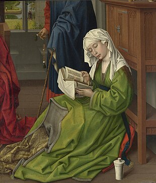 Rogier van der Weyden, The Magdalen Reading, 62.2 cm x 54.4 cm (24.5 in x 21.4 in). c. 1435-1438. Oil on mahogany, transferred from another panel. National Gallery, London. The Magdalen Reading - Rogier van der Weyden.jpg