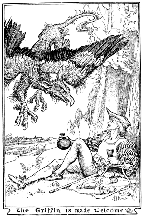 a griffin swoops down to a young man who smiles a it in a friendly way, lounging at on the ground at the base of a cliff next to a cloth covered in food. The young man has a bottle and one hand and a cup the other. The Griffin has large taloned bird-like front feet, wings, an eagle head but with ears pointed, somewhat donkey-like, ears, and a shaggy big cat like body. The young man has a hat with a long point in the front, large puffy slashed sleeves, and pointed shoes. The food seems to be some kind of small cooked fowl, some apples, and a few loaves of bread. There is a town viable in the far background, and some fields slightly closer in which a cow ans what may be a boar mill about.