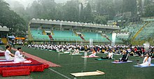 The stadium during yoga programme The students, Army, ITBP and SSB personnel, NCC, NYK, Art of Living and yoga enthusiasts performed the drill guided by Yoga instructor from AYUSH Sikkim, Mr. Jagannath Niroula.jpg