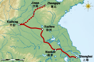 Last journey from Shanghai to Kaifeng in train then to Zhangqiu by truck Tillson Harrison last journey map.svg