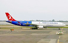 Turkish Airlines aeroplane, decorated with UEFA EURO 2016 emblems. Turkish Airlines Airbus A330-303 TC-JOH (UEFA 2016 livery).jpg