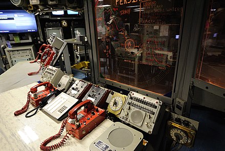 This large, edge-lighted plexiglass combat information center maneuvering board for grease pencils has been used for display of other information. Most maneuvering boards are printed on pads of paper. USS Missouri - Combat Engagement Center (8327944623).jpg