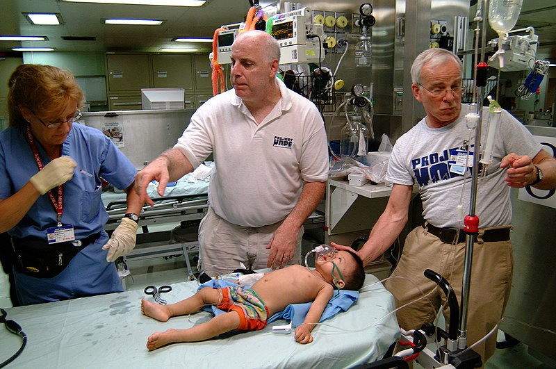 File:US Navy 050406-N-0357S-002 Dr. Dana Braner, a volunteer with the non-governmental organization Project HOPE, center, gives instructions to Michele Okamoto, left, on a course of action for treating their patient.jpg