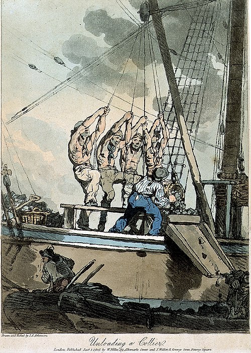 Coal whippers unloading a collier. Four men climb up a step set on the collier's deck, holding ropes that go to a pulley fastened above and then down 