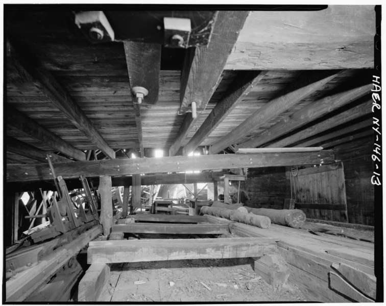 File:VIEW LOOKING SOUTHEAST SHOWING LOG HOIST, LOG CARRIAGE AND CIRCULAR SAW - Emerson Sawmill, Scroon River, River Street, Warrensburg, Warren County, NY HAER NY,57-WARBU,1-13.tif