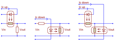 Series, shunt and series-shunt voltage dividers.
Series-shunt divider requires two drive signals (IC UP and IC DOWN). Vactrol basic attenuators.PNG