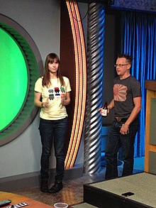 Veronica Belmont and Brushwood preparing for the Game On! internet show November 13, 2011 Veronica Belmont and Brian Brushwood.jpg