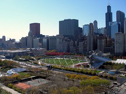The southwest view from 340 on the Park includes Millennium Park, Art Institute of Chicago, Historic Michigan Boulevard District and Chicago Loop.