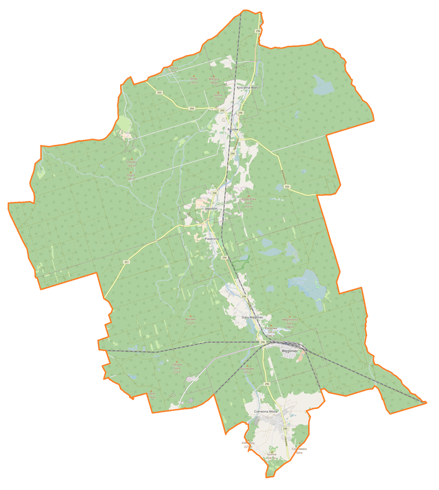 Mapa konturowa gminy Węgliniec, na dole nieco na prawo znajduje się punkt z opisem „Węgliniec”