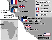 European claims in West Africa 1885: Rivieres du Sud and Kapitai & Koba were disputed between Germany and France. West Africa 1885.jpg