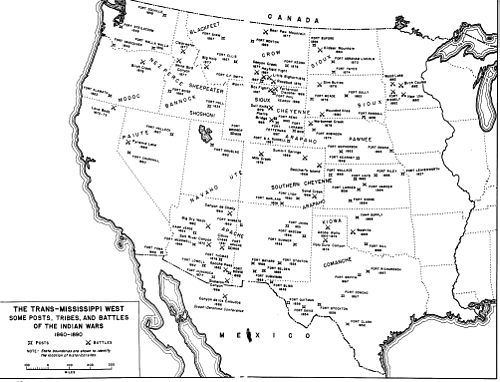 Battles, army posts, and the general location of tribes in the American West