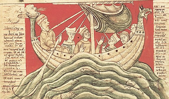 A page from John of Worcester's Chronicle that depicts Henry I in a hulk ship. This chronicle is meant to show the dreams of Henry I.