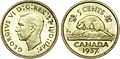 Kanadai 5 centes érme 1937-ből VI. György király képmásával. Az 5 centest azóta is változatlan hátlappal verik, előlapján 1953 óta eddig II. Erzsébet királynő négy különféle portréja volt látható.