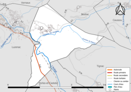 Carte en couleur présentant les réseau hydrographique de la commune