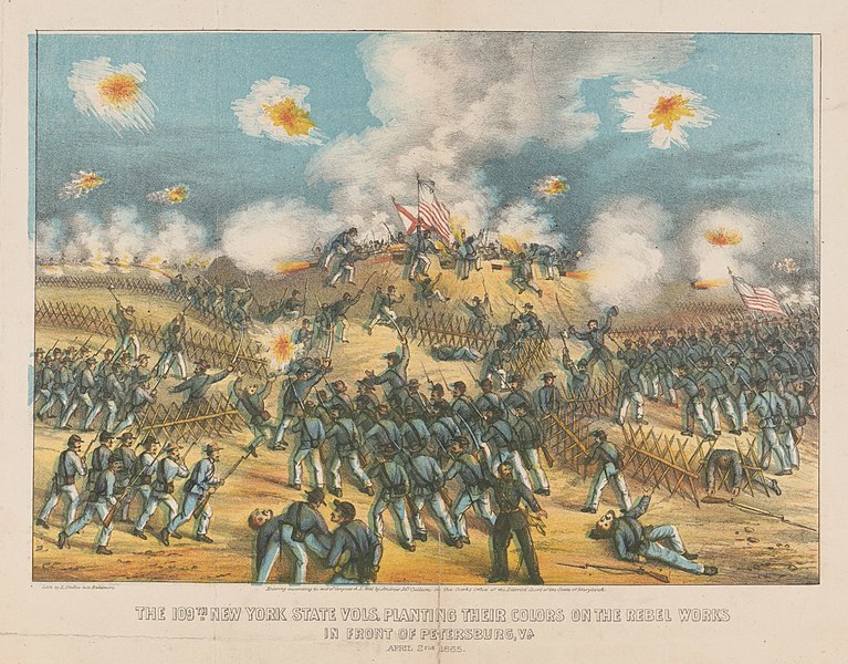 File:109th NY Vols. planting their colors on the rebel works in front of Petersburg, Va., April 2, 1865.jpg