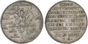 Commemorative coin of the campaign with the conquered cities Turnhout, Alphen, Rijnberk, Meurs, Bredevoort, Groenlo, Goor, Enschede, Oldenzaal, Ootmarsum, and Lingen 1597-overwinningsmunt.gif