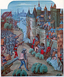 An English assault during an unnamed siege in the early 15th century. Note the use of cannon, fascines to cross the moat and a scaling ladder. 15jh castle siege.jpg