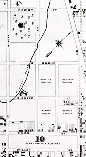 Area of Washington Park in 1857; north is to the top-right. 1857 Map of Albany Edit Crop.jpeg