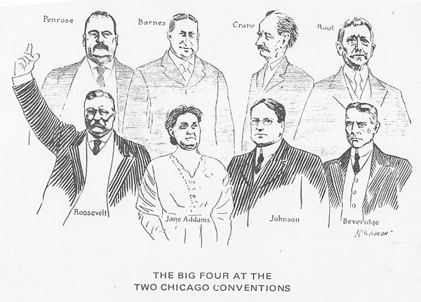 Pro-Roosevelt cartoon contrasts the Republican Party bosses in back row and Progressive Party reformers in front
