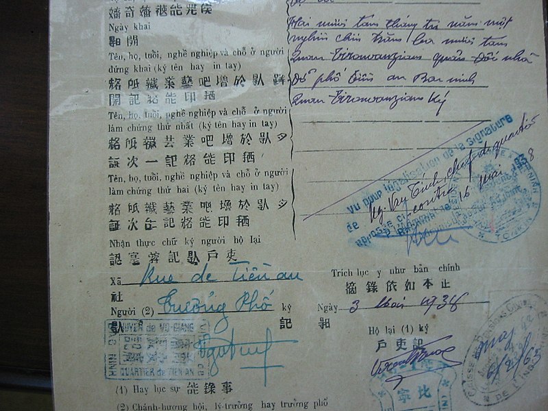 Tập tin:1938 Vietnamese Birth Certificate in Nôm.jpg