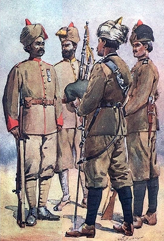 "Frontier Force". Left to right: 59th Scinde Rifles, 51st Sikhs and 56th Punjabi Rifles. Watercolour by Major AC Lovett, 1910. 51st (3FF), 56th (8FF), 59th (1FF).jpg