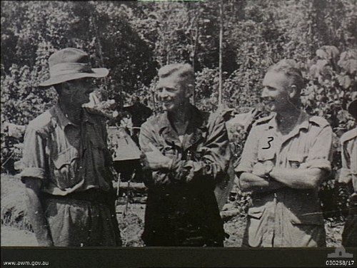 Allied commanders at Sanananda. Major General George Alan Vasey, commander of the 7th Australian Division (left), chatting to Colonel J. A. Doe, 163rd