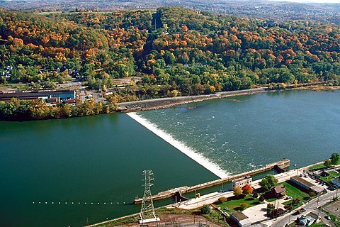 The Lock and Dam Number Four spans the Allegheny River between Natrona in Harrison Township (below) and Lower Burrell (above).