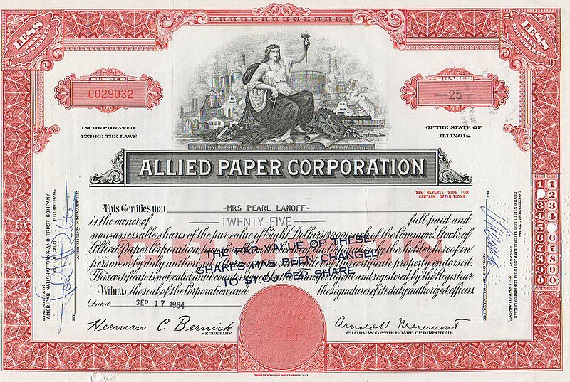 File:Allied Paper Corporation Stock Certificate 1964.jpg