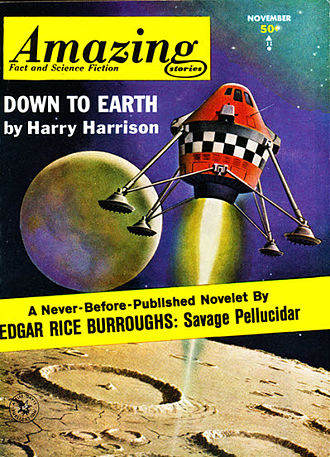 Harrison's novelette "Down to Earth" took the cover of the November 1963 issue of Amazing Stories Amazing stories 196311.jpg