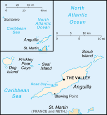 Map of Anguilla; Scrub Island lies off the north-eastern tip of the main island