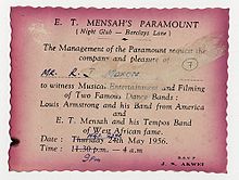 An invitation to a concert featuring Louis Armstrong "from America" and E. T. Mensah and his Tempos Band "of West African Fame" Armstrong-Mensahinvitation.jpg