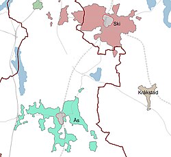 Tettsted Ås: Administrasjonssenter i Ås i Akershus