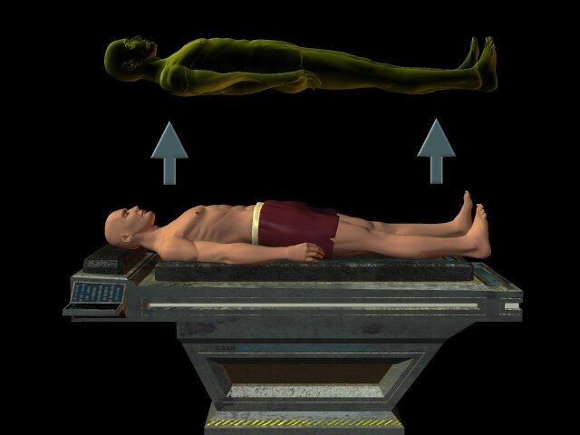 Artist's depiction of the separation stage of an out-of-body experience, which often precedes free movement