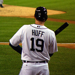 Tampa Bay Devil Rays' Aubrey Huff, left is congratulated by