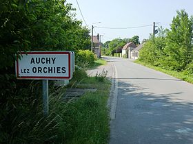 Auchy-lez-Orchies (Nord, Fr) city limit sign.JPG