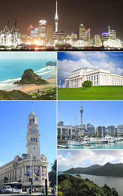 * top: Canol Auckland * chwith uchaf: Piha * chwith gwaelod: Neuadd y dref * top dde: Amgueddfa Auckland * canol dde: Harbwr Viaduct * gwaelod dde: Mynyddoedd Waitakere