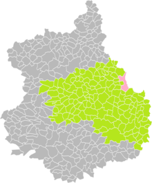 Position d'Auneau-Bleury-Saint-Symphorien (en rose) dans l'arrondissement de Chartres (en vert) du département d'Eure-et-Loir (grisé).