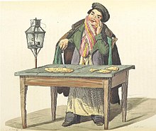 1858 illustration of a pizzaiolo selling his wares BOURCARD(1858) p2.172 - IL PIZZAIUOLO.jpg