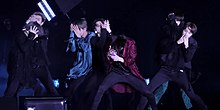 BTS performing "Fake Love" at Love Yourself World Tour at Rose Bowl in Pasadena, California in 2019. BTS performing "Fake Love" at Speak Yourself at Rose Bowl, Pasadena, 4-5 May 2019 01.jpg