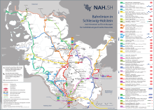 Railway routemap of Schleswig-Holstein (as of December 2017) BahnlinienSH-2018-01-24.svg