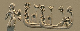 Bald-headed warrior towing high-prowed ship on the Gebel el-Arak knife (reconstitution).jpg