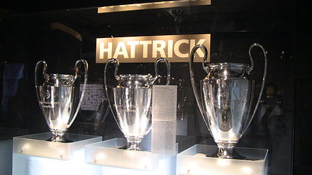 The three consecutive European Cup trophies won by FC Bayern Munich from 1974 to 1976. The one on the far right is the real trophy, given to Bayern permanently. The ones on the left are slightly smaller replicas.
