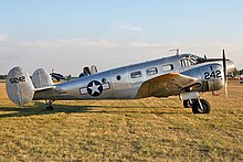 Beech C-45 in United States markings, an example of the Expeditor II used by 755 NAS Beech 18, C-45 or Twin Beech (2142825857).jpg