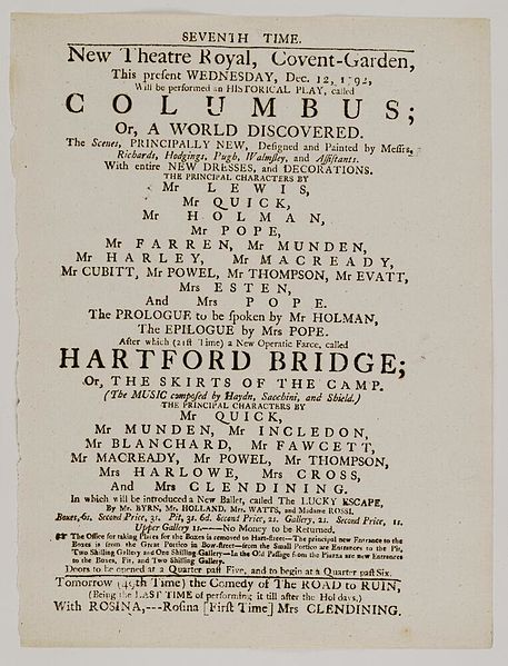 File:Bodleian Libraries, Playbill of Covent Garden, Wednesday, Dec. 12, 1792, announcing Columbus; or, A world discovered &c..jpg