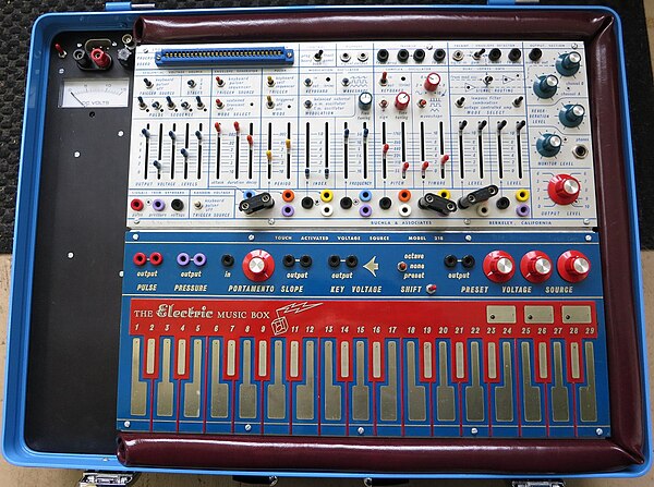 The Buchla Music Easel included a number of fader-style controls, switches, patch cord-connected modules, and a keyboard.